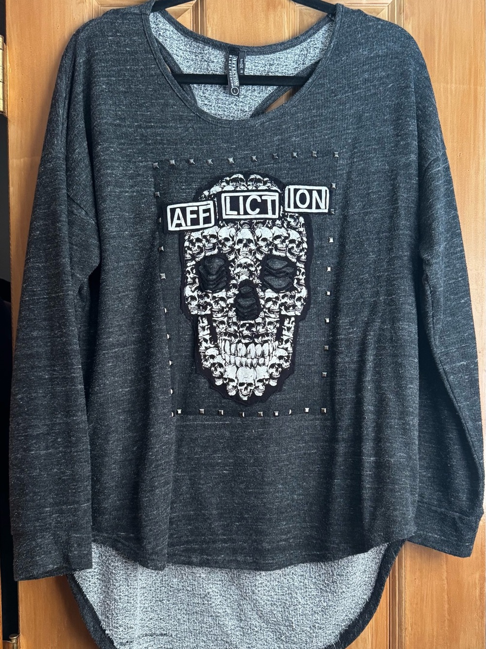 Affliction Black Premium Charcoal Gray Skull Patch Studded Crewneck Sweater